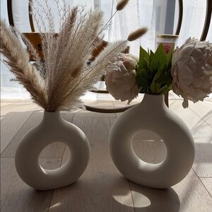 Minimalist White Ceramic Donut Vase - Pair